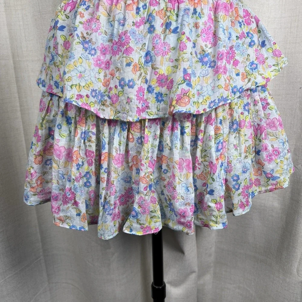 LoveShackFancy Ruffle Tiered Mini‎ Skirt Coral Reef Waves Floral Blue Small